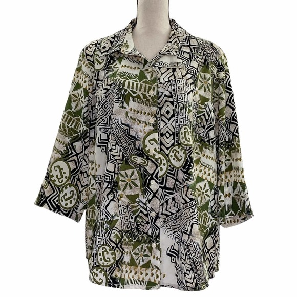 ALIA Multicolored Boho Aztec Print Long Sleeve Button Down Blouse - Picture 2 of 12